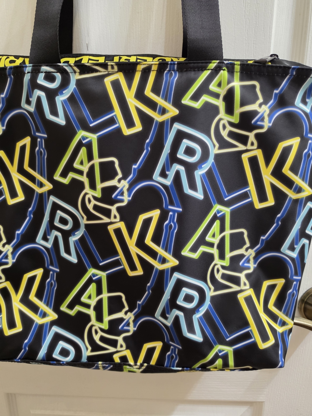Karl Lagerfeld Large Black Tote with Neon/Blue, Yellow & Green Logo Print